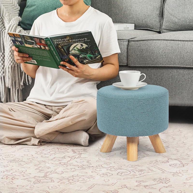 Asense Small Round Ottoman Foot Rest Stool Fabric Padded Seat Footstool Ottoman with Anti-Slip Wooden Legs (Light Blue,Fabric) - Image 2